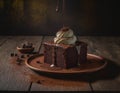 A piece of brownie with whipped cream, topped with chocolate and sprinkled with cocoa. Dark background, wooden table