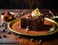 A piece of brownie with whipped cream, topped with chocolate and sprinkled with cocoa. Dark background, wooden table