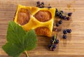 A piece of cake with apricot and black currant Royalty Free Stock Photo