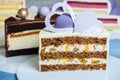 fresh and sweet dessert cakes slice of delicious cake One piece of cake. sweet dessert on wooden background.