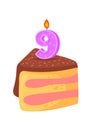 Piece of cake with candle. Yummy sliced bake with cream, cartoon vector