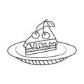 Piece of cake with cherry on a plate in doodle style. Birthday, celebration Royalty Free Stock Photo