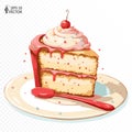 Piece of cake with cherry and whipped cream. Confectionery decorated dessert. 3d vector food illustration for packaging design, Royalty Free Stock Photo