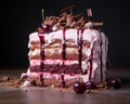 a piece of cake with chocolate and cherries on top Royalty Free Stock Photo