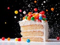 A piece of cake with colorful candies falling out of it Royalty Free Stock Photo
