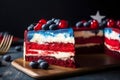 Piece of cake in colors of American flag. Independence day concept, neural network generated photorealistic image