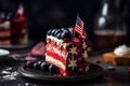 Piece of cake in colors of American flag. Independence day concept, neural network generated photorealistic image