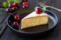 Piece of Cake decorated with cherries Royalty Free Stock Photo