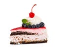 Piece of cake with delicate souffle, berries and mint leaf Royalty Free Stock Photo