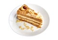 Piece of cake with filbert/ hazelnut and almond on a plate. Isolated. Royalty Free Stock Photo