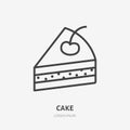 Piece of cake flat line icon. Vector thin sign of pastry, bakery, cafe logo. Dessert illustration
