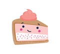 Piece of cake flat vector illustration. Cute dessert with funny smiling face and whipped cream on top isolated on white