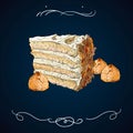 Piece of cake hand drawing. pie isolated. Dessert on blue background. Sweet cakes. Cream and biscuit. Birthday confectionery food