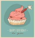 Piece of cake (Happy Birthday card) sweet cupcakes illustration, engraved retro style, hand drawn