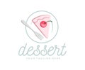 Piece of cake lies on a plate with a fork, dessert, logo design. Food, meal, sweet food, confectionery and pastries, top view, vec