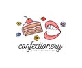 Piece cake, lips and mouth, flowers and berries, logo design. Food, meal, confectionery, pastry and bakery, vector design