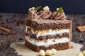 a piece of cake made of chocolate sponge cake cream and caramel with hazelnuts Royalty Free Stock Photo