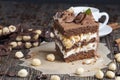 a piece of cake made of chocolate sponge cake cream and caramel with hazelnuts Royalty Free Stock Photo