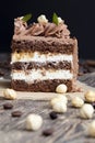 a piece of cake made of chocolate sponge cake cream and caramel with hazelnuts Royalty Free Stock Photo