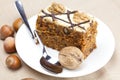 Piece of cake with nuts and spoon