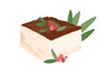 Piece of cake or pastry decorated with chocolate topping, berries and leaves. Sweet vanilla dessert. Hand-drawn colored