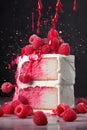 Piece of cake with raspberries on a pink background. Royalty Free Stock Photo