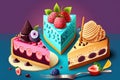 a piece of cake and a slice of fruit on a plate with a fork and spoon on a blue tablecloth with a purple background Royalty Free Stock Photo
