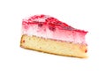 Piece of cake with souffle and strawberries, covered with strawberry jelly and coconut shaving