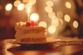 a piece of cake on top of lighted birthday cake birthday cake