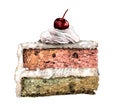 A piece of cake with two cakes soaked in cream with whipped cream and cherry on top Royalty Free Stock Photo