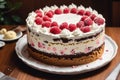 Piece of cake on a white plate on a wooden table. Homemade cake with nuts and honey. Generative AI Royalty Free Stock Photo