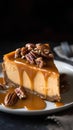Piece of caramel cheesecake with pecans, selective focus