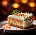 A piece of carrot cake with cream cheese frosting, AI