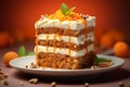 a piece of carrot cake on a plate with orange peels