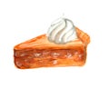 A piece of carrot cake with whipped cream painted with watercolors side view. Isolated