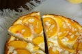 Piece of casserole pie with peaches. Cheesecake
