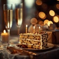 piece of celebration birthday cake with leopard spots, with birthday candles