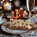 piece of celebration birthday cake with leopard spots, with birthday candles