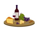 A piece of cheese with a bottle, a glass of red wine and red grapes on a wooden board. Vector Royalty Free Stock Photo