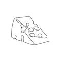 Piece of cheese with holes continuous line drawing. One line art of dairy produce, milk products, food, hard cheese