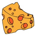 Piece of cheese with holes icon. Vector illustration of cheese with big holes. Hand drawn cartoon piece of cheese Royalty Free Stock Photo