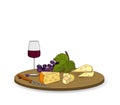 Piece of cheese with red wine and grape vine on a wooden board. Vector