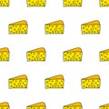 Piece of cheese seamless pattern. Big beautiful triangle piece of hard cheese for recipes.