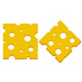 Piece of cheese. Slice food. Yellow ingredient with holes. Roquefort dairy products. Set of Flat cartoon illustration Royalty Free Stock Photo