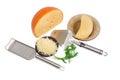 Piece of cheese, sliced and grated cheese, cheese slicer, grater