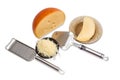 Piece of cheese, sliced and grated cheese, cheese slicer, grater
