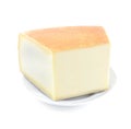 Piece of Swiss cheese on white plate on white background