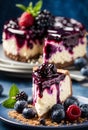 Piece of cheesecake with black currant and blueberry. Generative AI.