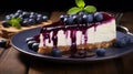 Piece of cheesecake with black currant and blueberry sauce on wooden table. Generative AI