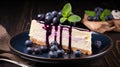 Piece of cheesecake with black currant and blueberry sauce on wooden table. Generative AI